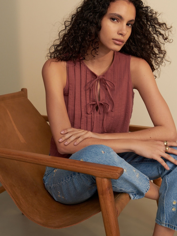 Rosa - Blusa de algodón 100 % sin mangas con lazada frontal y pliegues - Imagen 1 de 7 Rosa - Blusa de algodón 100 % sin mangas con lazada frontal y pliegues - Imagen 1 de 7