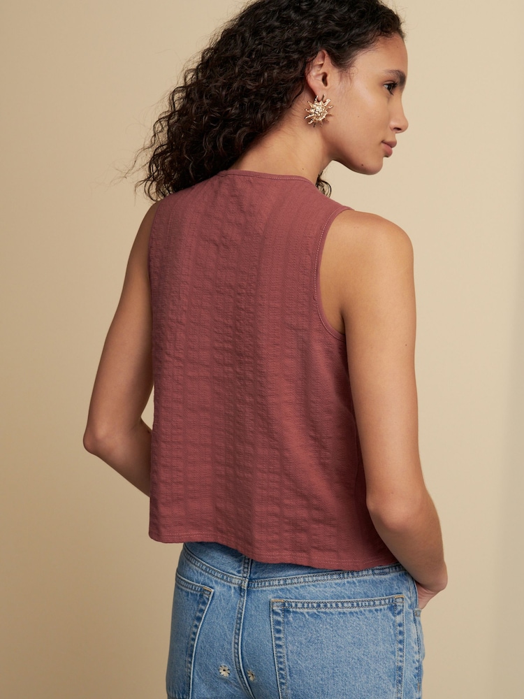 Rose Pink Pintuck Sleeveless Tie Front 100% Cotton Top - Image 2 of 7