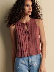 Rose Pink Pintuck Sleeveless Tie Front 100% Cotton Top - Image 3 of 7