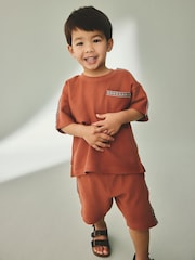 Rust Brown 100% Cotton Textured Pocket Tops & Shorts Set (3mths-7yrs) - Image 1 of 10
