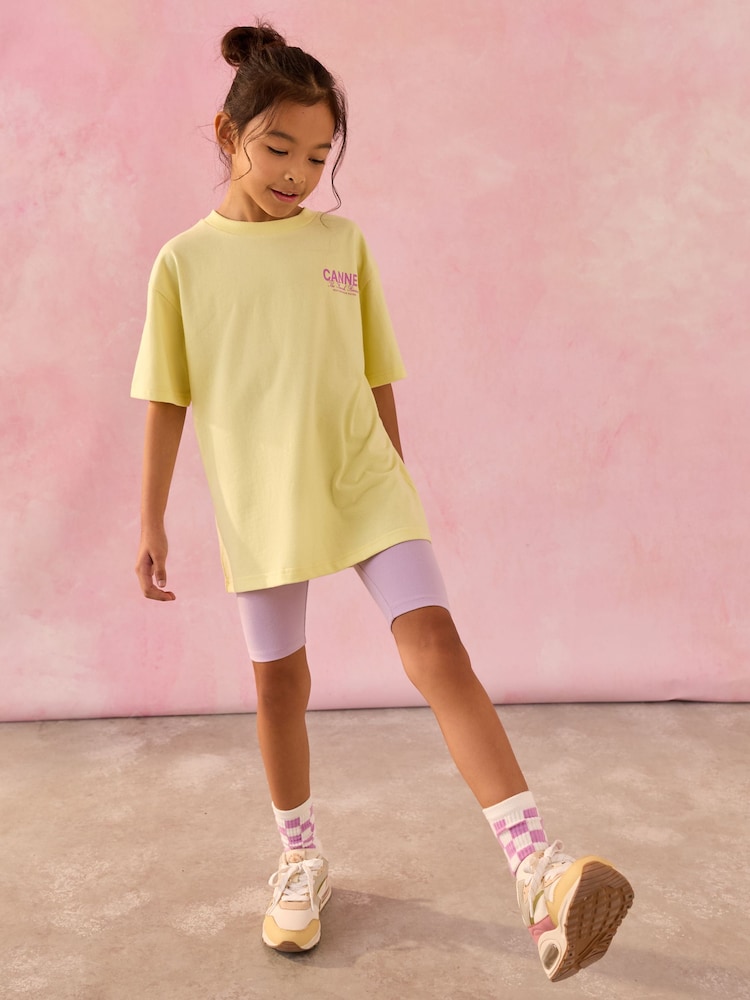 Yellow Slogan 100% Cotton T-Shirt And Cycling Shorts Set (3-16yrs) - Image 2 of 4