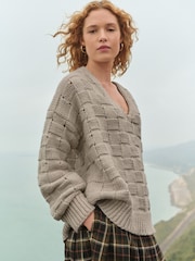 Neutral Mole Waffle Stitch V-Neck Knitted Jumper with Wool - Image 1 of 8