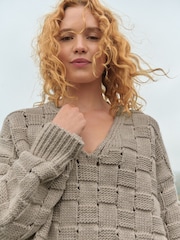 Neutral Mole Waffle Stitch V-Neck Knitted Jumper with Wool - Image 3 of 8