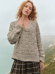 Neutral Mole Waffle Stitch V-Neck Knitted Jumper with Wool - Image 4 of 8