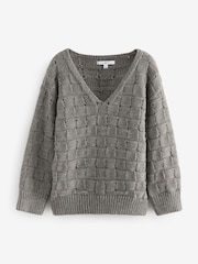 Neutral Mole Waffle Stitch V-Neck Knitted Jumper with Wool - Image 6 of 8