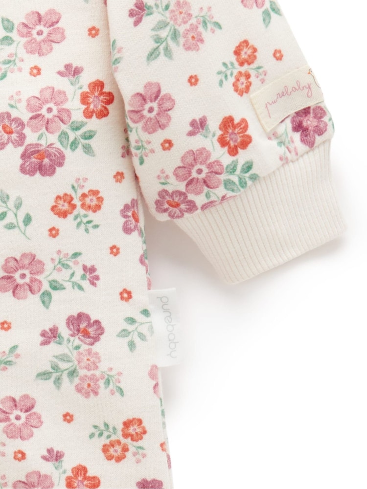 Purebaby Pink Floral Print Fleecey Baby 100% Cotton Zip Sleepsuit - Image 2 of 4 Purebaby Pink Floral Print Fleecey Baby 100% Cotton Zip Sleepsuit - Image 2 of 4