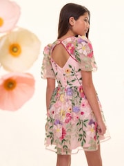 Lipsy Pink Premium Embroidered Floral Occasion Dress (5-16yrs) - Image 3 of 5