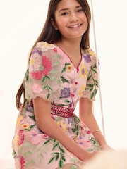 Lipsy Pink Premium Embroidered Floral Occasion Dress (5-16yrs) - Image 4 of 5
