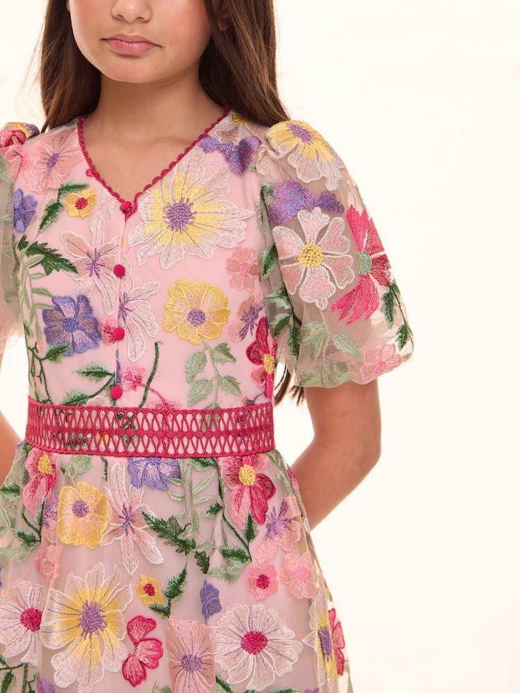Lipsy Pink Premium Embroidered Floral Occasion Dress (5-16yrs) - Image 5 of 5