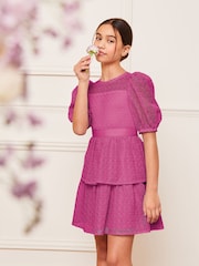 Lipsy Mauve Purple Premium Lace Puff Sleeve Occasion Dress (5-16yrs) - Image 1 of 5