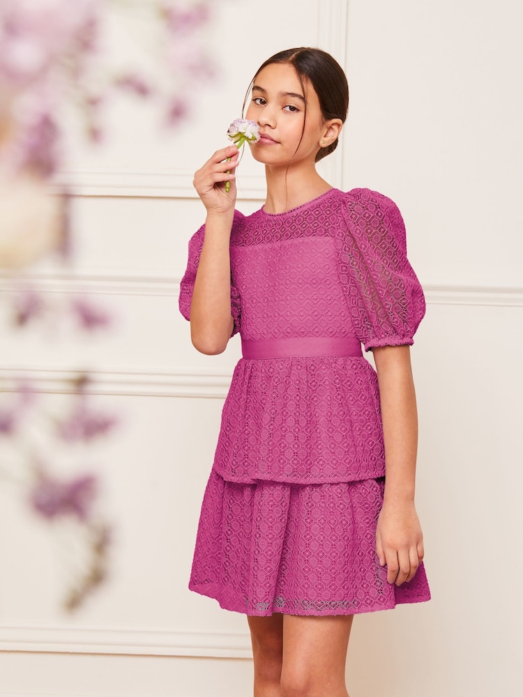 Lipsy Mauve Purple Premium Lace Puff Sleeve Occasion Dress (5-16yrs) - Image 1 of 5