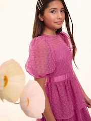Lipsy Mauve Purple Premium Lace Puff Sleeve Occasion Dress (5-16yrs) - Image 4 of 5