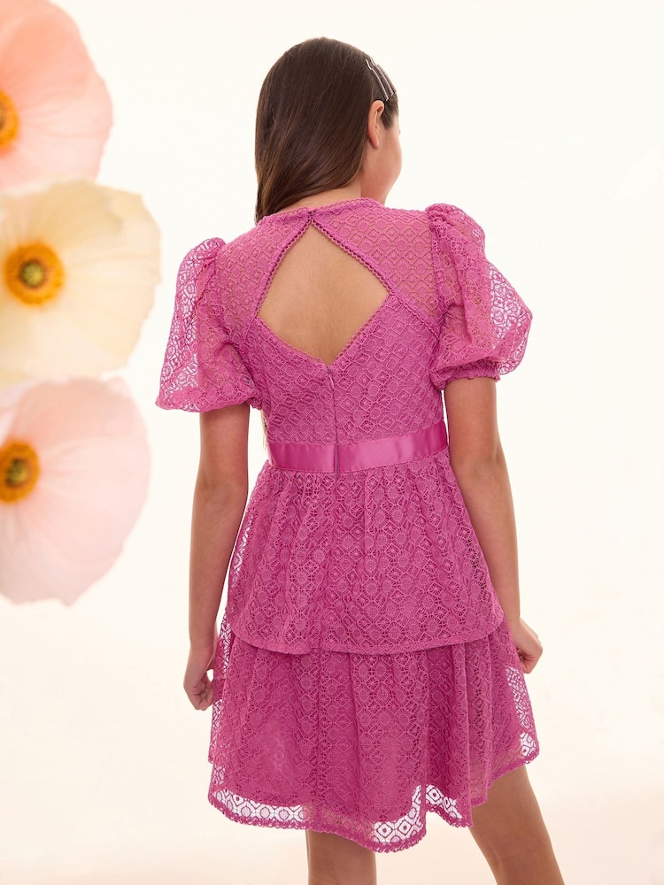 Lipsy Mauve Purple Premium Lace Puff Sleeve Occasion Dress (5-16yrs) - Image 5 of 5