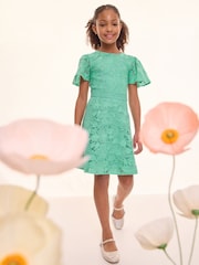Lipsy Green Flutter Sleeve Lace Occasion Dress (5-16yrs) - Image 2 of 4