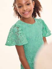 Lipsy Green Flutter Sleeve Lace Occasion Dress (5-16yrs) - Image 3 of 4