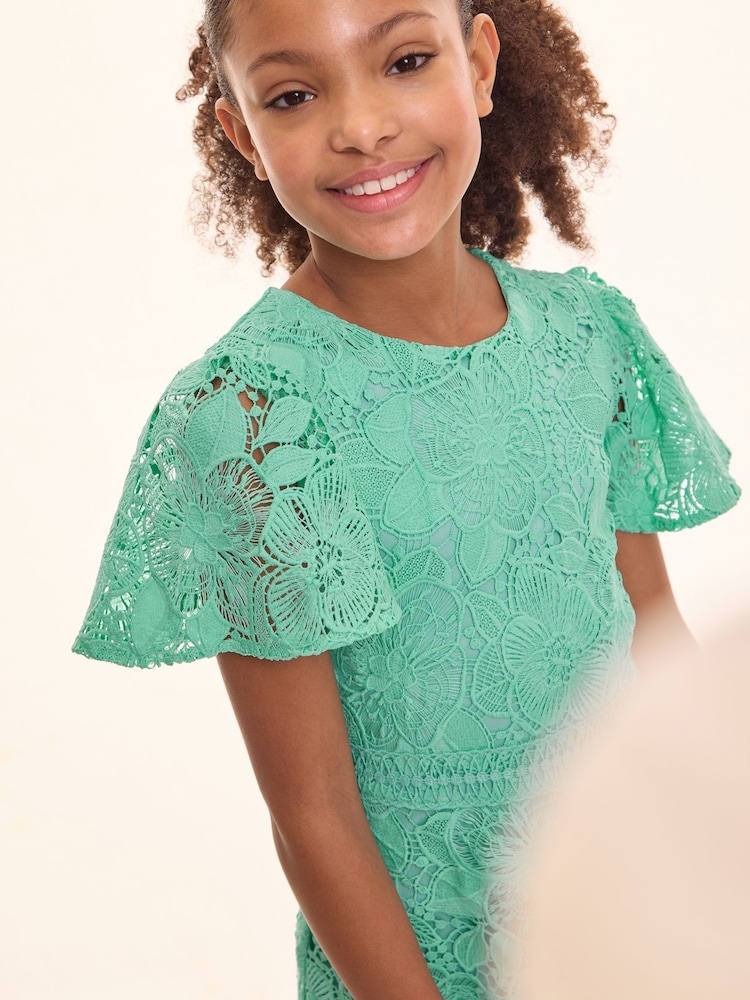 Lipsy Green Flutter Sleeve Lace Occasion Dress (5-16yrs) - Image 3 of 4