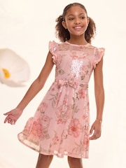 Lipsy Pink Floral Printed Sequin Occasion Dress (5-16yrs) - Image 1 of 5