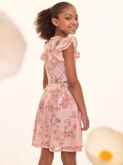 Lipsy Pink Floral Printed Sequin Occasion Dress (5-16yrs) - Image 2 of 5