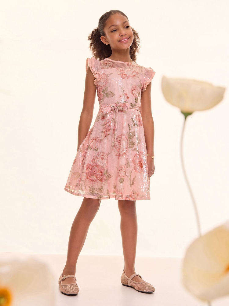 Lipsy Pink Floral Printed Sequin Occasion Dress (5-16yrs) - Image 3 of 5