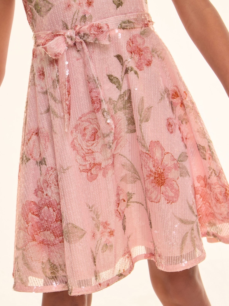 Lipsy Pink Floral Printed Sequin Occasion Dress (5-16yrs) - Image 4 of 5