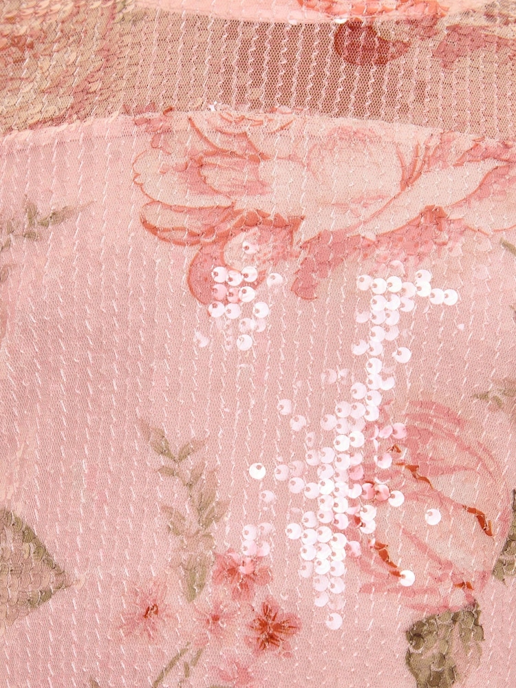 Lipsy Pink Floral Printed Sequin Occasion Dress (5-16yrs) - Image 5 of 5