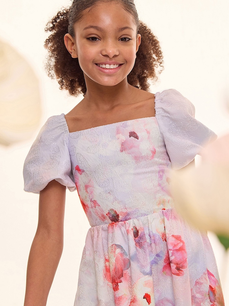 Buy Lipsy Lilac Purple Floral Puffball Jacquard Occasion Dress (5