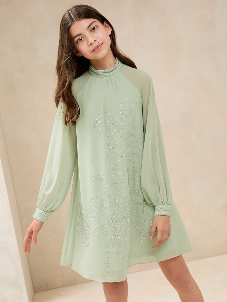 Lipsy Mint Green Diamonte Chiffon Occasion Shift Dress (5-16yrs) - Image 1 of 5