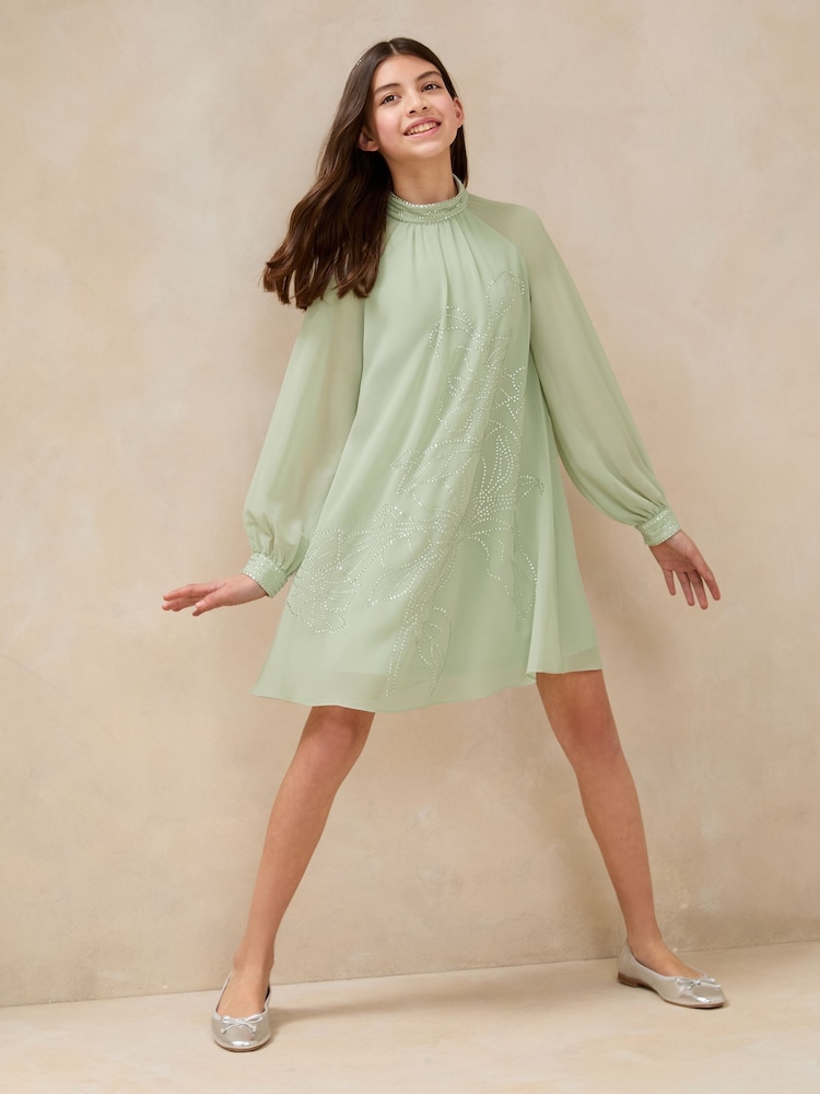 Lipsy Mint Green Diamonte Chiffon Occasion Shift Dress (5-16yrs) - Image 4 of 5
