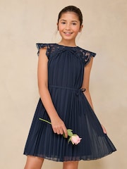 Lipsy Navy Blue Lace Bow Yolk Pleated Occasion Dress (5-16yrs) - Image 1 of 4