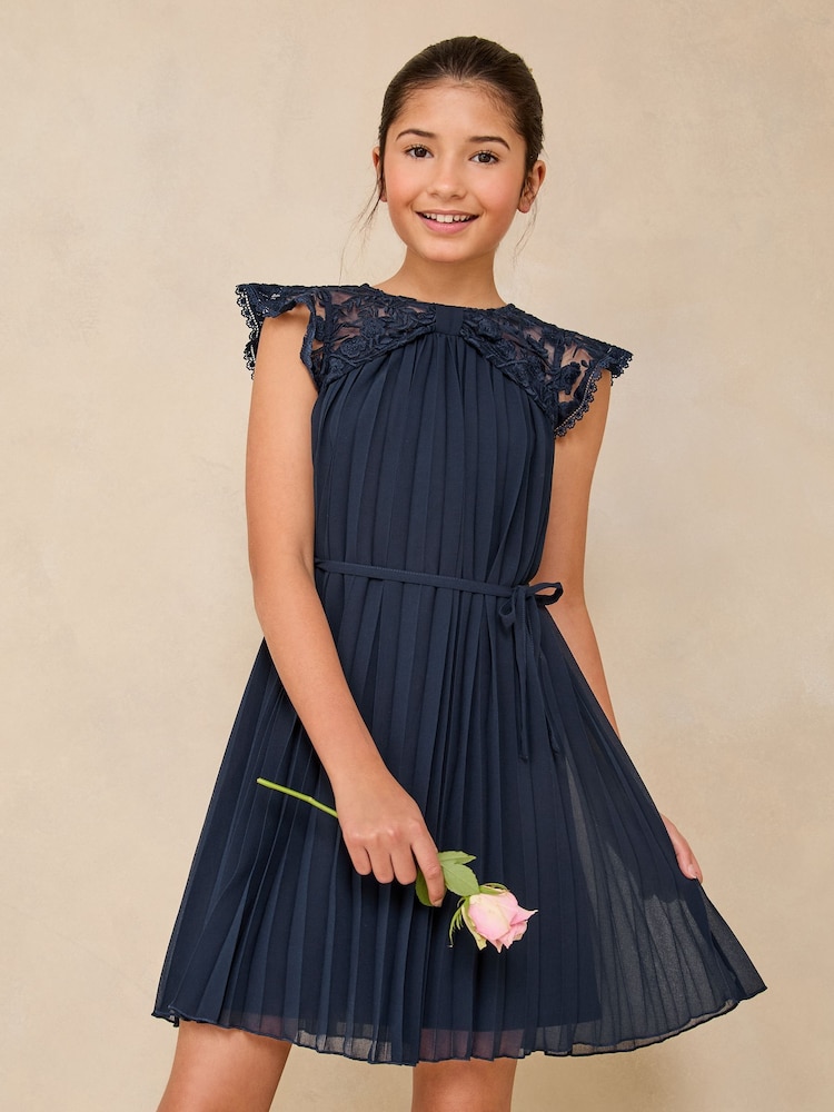 Lipsy Navy Blue Lace Bow Yolk Pleated Occasion Dress (5-16yrs) - Image 1 of 4