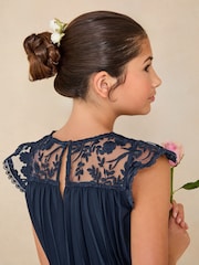 Lipsy Navy Blue Lace Bow Yolk Pleated Occasion Dress (5-16yrs) - Image 2 of 4