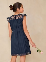 Lipsy Navy Blue Lace Bow Yolk Pleated Occasion Dress (5-16yrs) - Image 4 of 4