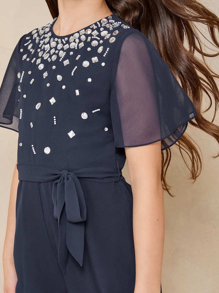 Lipsy Navy Blue Embellished Occasion Jumpsuit (5-16yrs) - Image 4 of 4