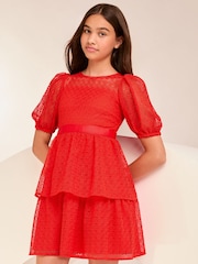 Lipsy Red Lace Puff Sleeve Occasion Dress (5-16yrs) - Image 1 of 4