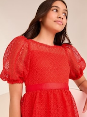 Lipsy Red Lace Puff Sleeve Occasion Dress (5-16yrs) - Image 3 of 4