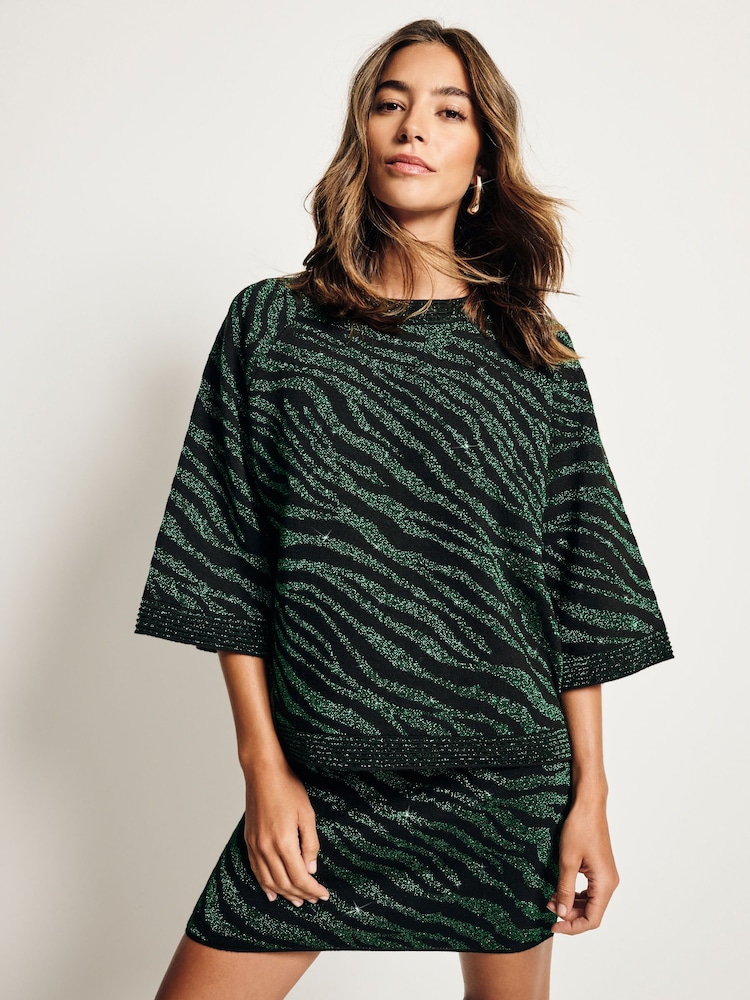 Green/Black Co-ord Sparkle Zebra Short Sleeve Knitted Jumper - Image 1 of 8