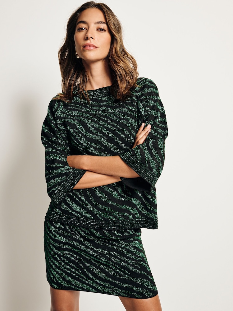 Green/Black Co-ord Sparkle Zebra Short Knitted Mini Skirt - Image 1 of 7