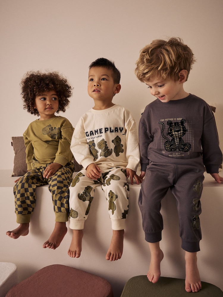 Green/Ecru 3 Pack Relaxed Fit Pyjamas (9mths-10yrs) - Image 1 of 13