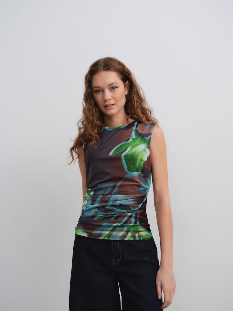 Green/Black Abstract Floral Sleeveless Ruched Mesh Top - Image 1 of 6