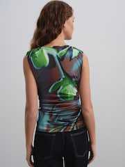 Green/Black Abstract Floral Sleeveless Ruched Mesh Top - Image 2 of 6