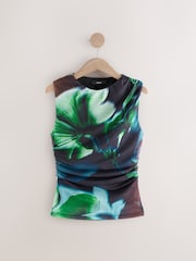 Green/Black Abstract Floral Sleeveless Ruched Mesh Top - Image 4 of 6