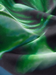 Green/Black Abstract Floral Sleeveless Ruched Mesh Top - Image 5 of 6