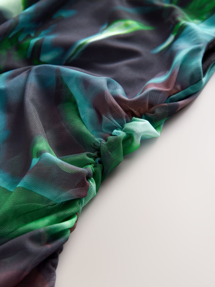 Green/Black Abstract Floral Sleeveless Ruched Mesh Top - Image 6 of 6