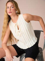 Ecru Pintuck Sleeveless Tie Front 100% Cotton Top - Image 1 of 6