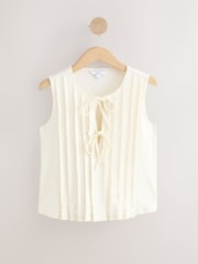 Ecru Pintuck Sleeveless Tie Front 100% Cotton Top - Image 4 of 6