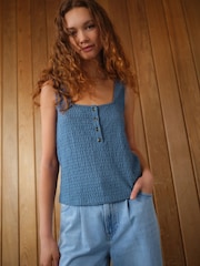 Dusty Blue Textured Henley Detail Tank - Image 3 of 8