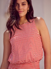 Red/White Stripe 100% Cotton Sleeveless Bubble Hem Top - Image 1 of 5