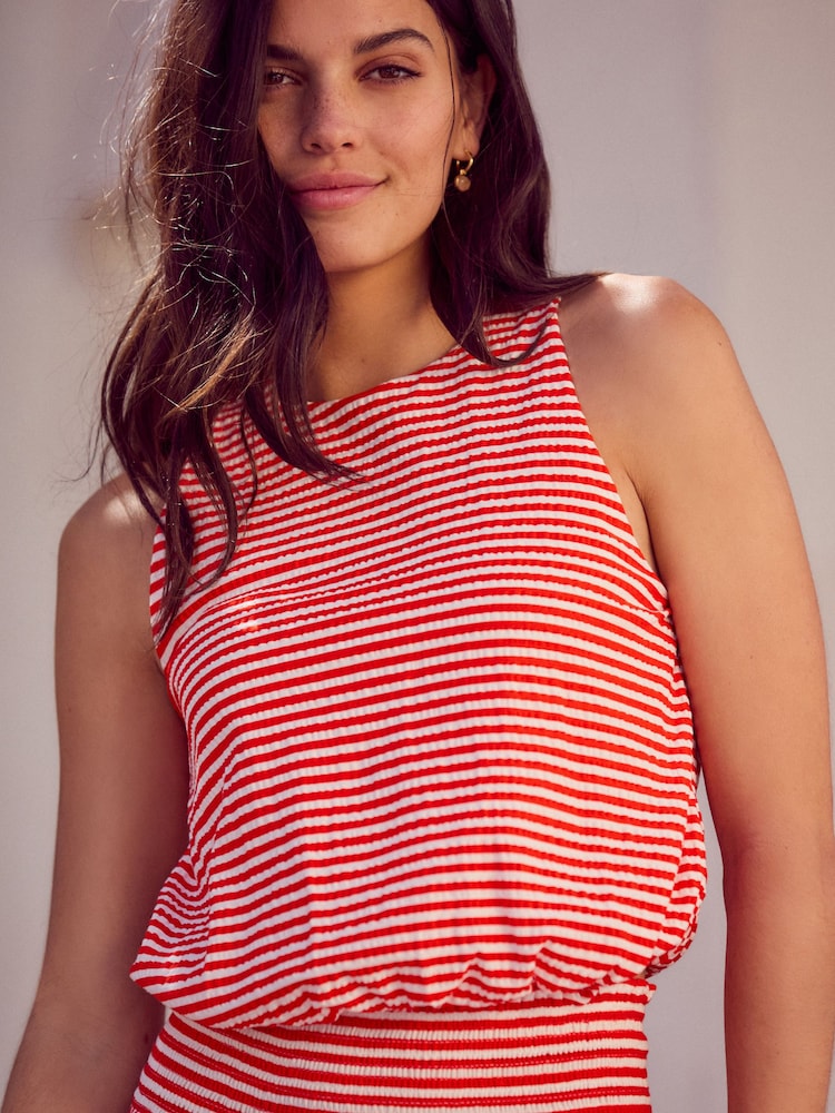 Red/White Stripe 100% Cotton Sleeveless Bubble Hem Top - Image 1 of 5