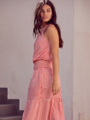 Red/White Stripe 100% Cotton Sleeveless Bubble Hem Top - Image 2 of 5