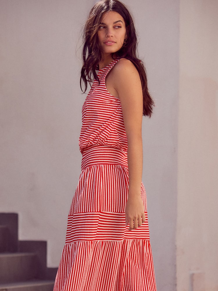 Red/White Stripe 100% Cotton Sleeveless Bubble Hem Top - Image 2 of 5